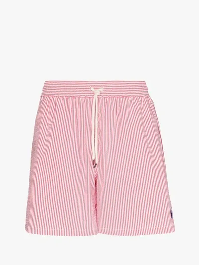 Polo Ralph Lauren Striped Polo Pony Swim Shorts In Red