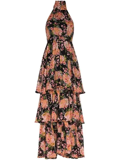 Bytimo Halter Neck Floral Chiffon Maxi Dress In Black