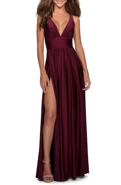 La Femme Plunge Neck A-line Gown In Dark Berry