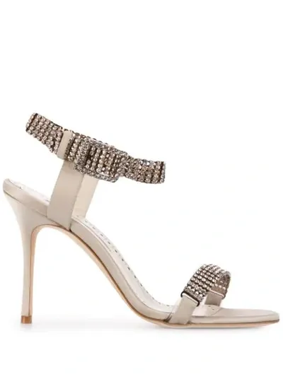 Manolo Blahnik Bashifa Embellished Silk Satin Sandals In Silver