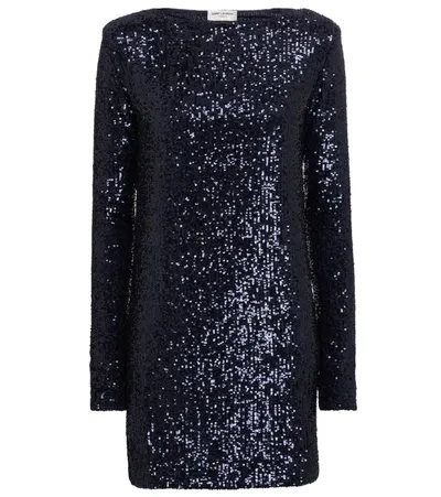 Saint Laurent Blue Sequins Long Sleeves Short Dress