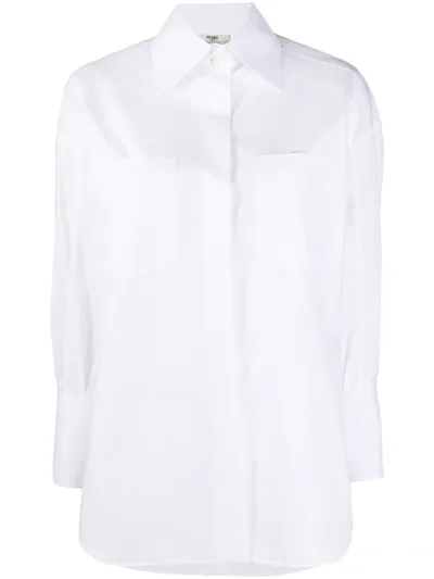 Fendi Dolman-sleeve Cotton Blouse With Oversize Pockets In White