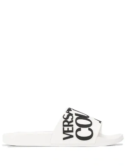 Versace Jeans Couture Black Logo Slippers In White