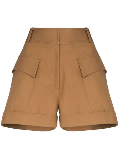 Victoria Beckham High Waist Pocket Cotton Shorts In Brown