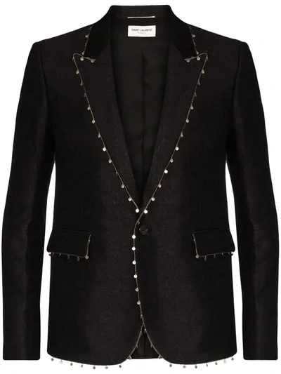 Saint Laurent Embellished-trim Floral-jacquard Blazer In Black