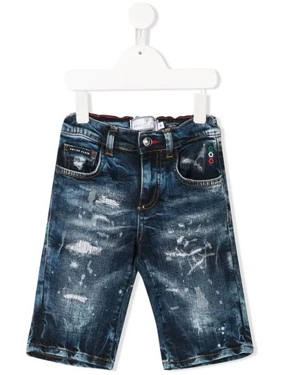 Philipp Plein Junior Kids' Distressed Denim Shorts In Blue