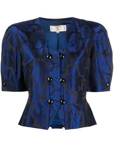 Pre-owned Valentino 1990s Rose Print Puffy Sleeves Blouse In Blue