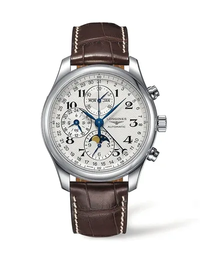 Longines Master Collection 36mm Stainless Steel Chronograph Alligator Leather Strap Watch In Sapphire