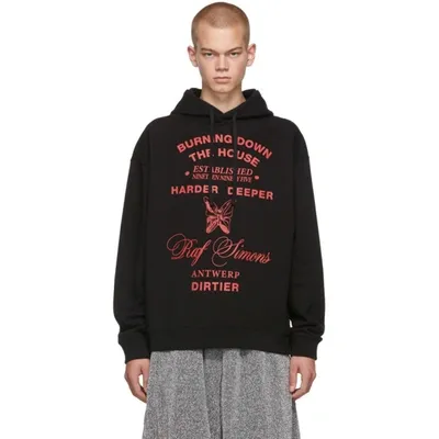 Raf Simons Burning Down The House Hooded Sweatshirt In Black,red