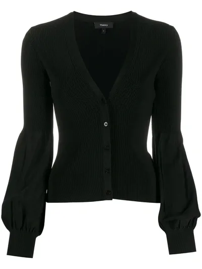 Theory Button-front Blouson-sleeve Cardigan In Black