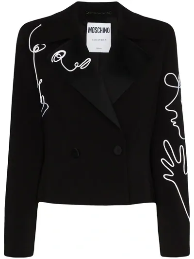 Moschino Double-breasted Embroidered Crepe Blazer In Black