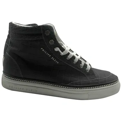 Pre-owned Philipp Plein Crystal Leather High Trainers In Anthracite