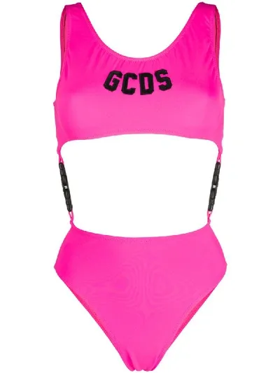 Gcds Logo Print Cut-out Body Suit In Pink