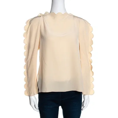 Pre-owned Fendi Cream Silk Scalloped Long Sleeve Blouse S