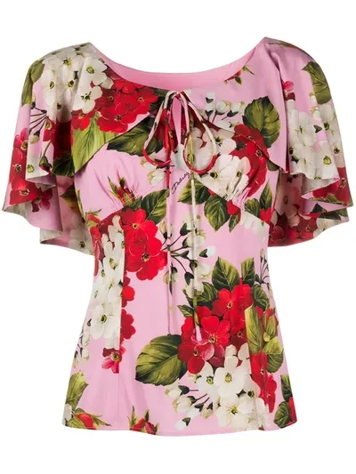 Dolce & Gabbana Geranium-print Charmeuse Blouse In Pink