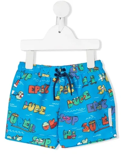 Stella Mccartney Babies' Super Dude Print Swim Shorts In Azure