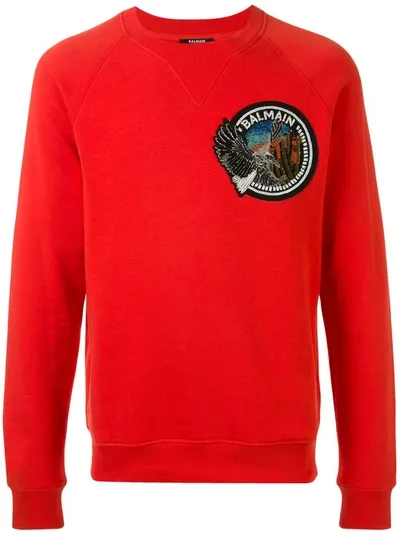 Balmain Embroidered Patch Sweatshirt In Red