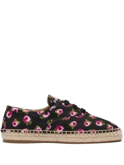 Prada Gabardine Floral Espadrilles In Black