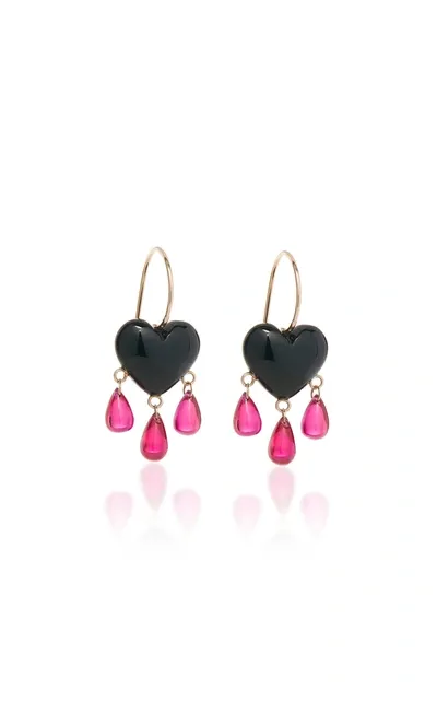 Rachel Quinn 14ct Gold Bleeding Heart Onyx And Ruby Drop Earrings In Black