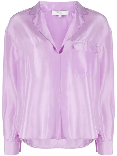 Vince Pocket Popover Silk Blouse In Purple