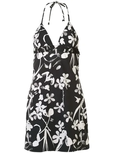 Pre-owned Chanel 2004 Floral Halterneck Swimsuit Dress In Black