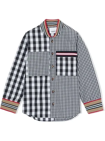 Burberry Kids' Icon Stripe Trim Gingham Cotton Shirt In Black