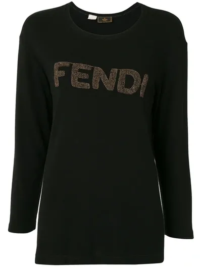 Pre-owned Fendi 1990s Flocked Logo Top In Black