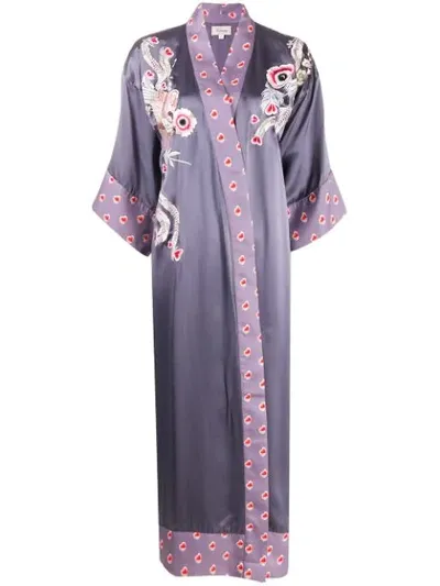 Temperley London Firebird Embroidered Printed Satin Kimono In Purple