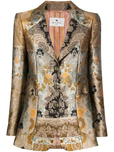 Etro Patchwork Jacquard Tailored Jacket In Brown