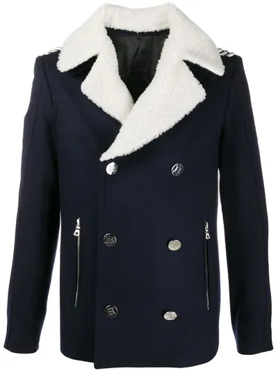 Balmain Double-breasted Shearling Collar Jacket In Blue