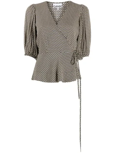 Ganni Checkered V-neck Wrap Blouse In Tannin