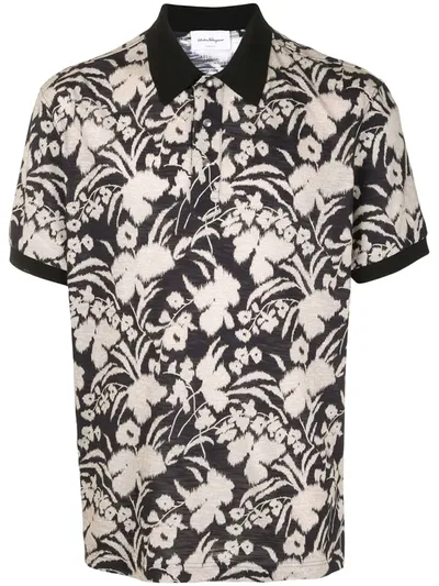 Ferragamo Floral Print Short Sleeved Polo In Clay/black