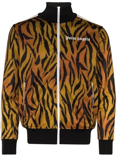 Palm Angels Tiger-print Zipped Hoodie In Black,brown,beige