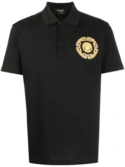 Versace Medusa Embroidered Polo Shirt In Black