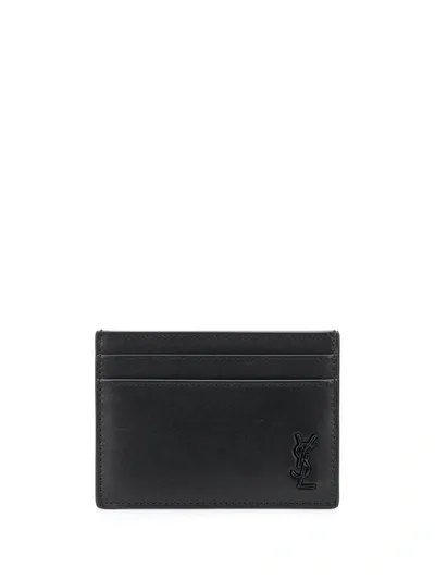 Saint Laurent Logo Plaque Leather Card Case In Nero