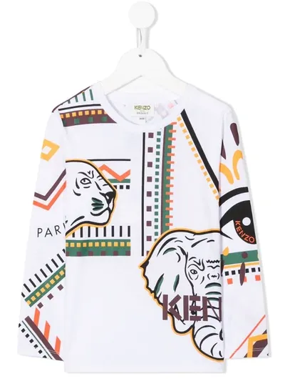 Kenzo Kids' Geometric-print Organic Cotton T-shirt In White