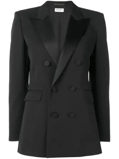 Saint Laurent Satin Lapel Double.breasted Blazer In Black