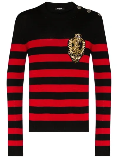 Balmain Appliqued Striped Jumper In Red,black