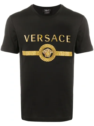 Versace Logo And Medusa Embroidery Cotton T-shirt In Black