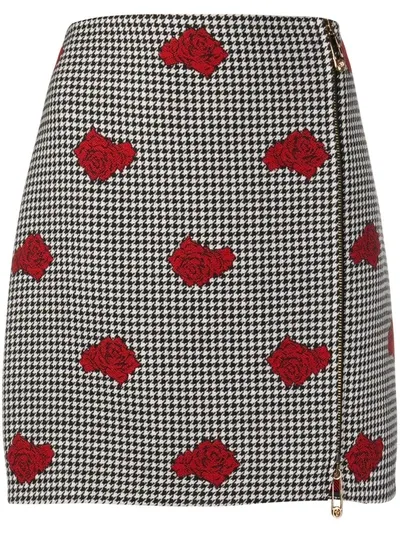 Versace Rose-embroidered Houndstooth Wool Skirt In Black