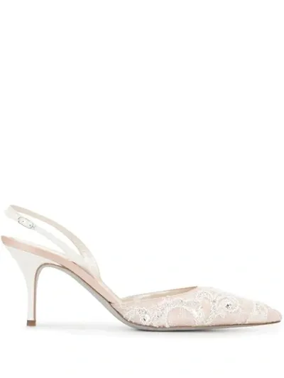 René Caovilla Veneziana Crystal-embellished Satin And Mesh Slingback Pumps In Neutral