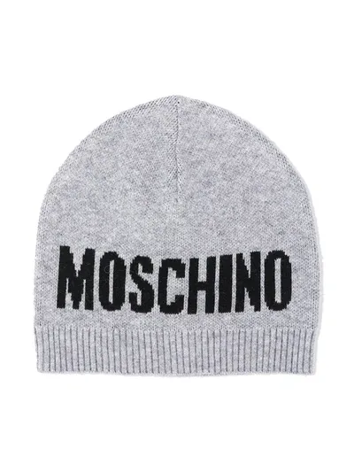 Moschino Babies' Knitted Logo Hat In Grey