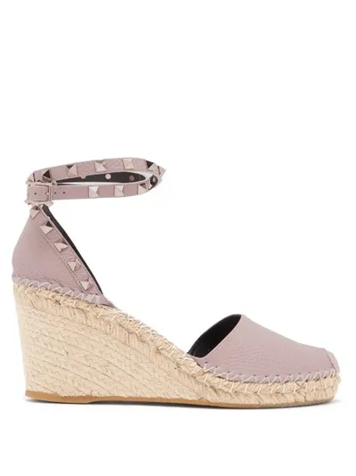 Valentino Garavani Rockstud-strap Leather Espadrille Wedges In Pink