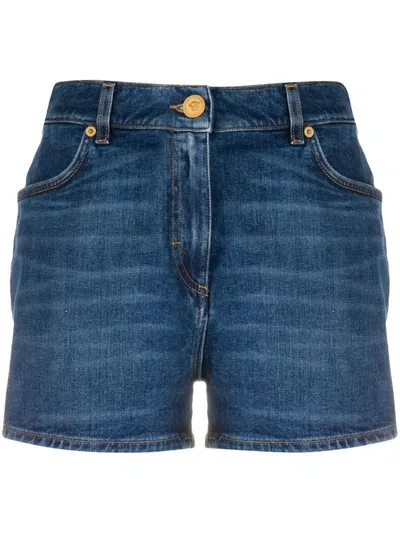 Versace Medusa Head Print Denim Shorts In Blue