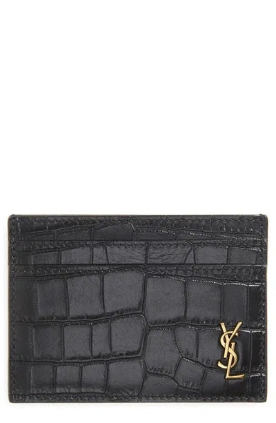 Saint Laurent Ysl Monogram Croc Embossed Leather Card Case In Nero