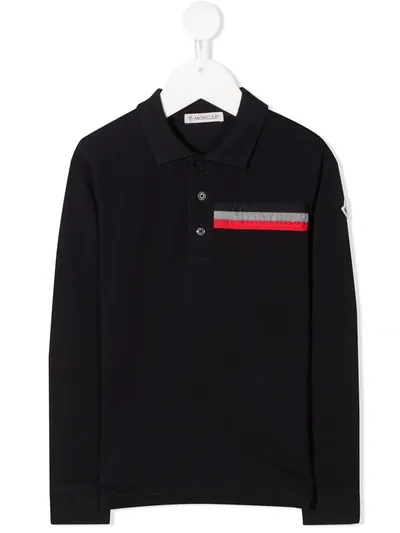 Moncler Kids' Long Sleeve Embossed Logo Polo Shirt In Blue