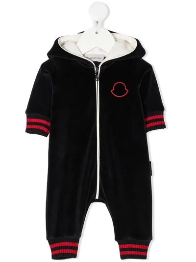 Moncler Babies' Striped-trimmed Hooded Romper In Blue