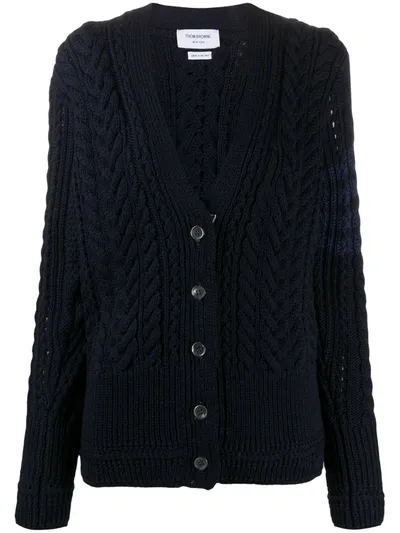 Thom Browne Cable-knit 4-bar Stripe Cardigan In Blue