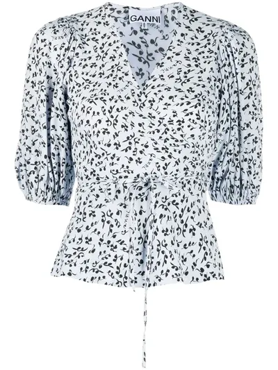 Ganni Floral-print Wrap-around Blouse In Blue