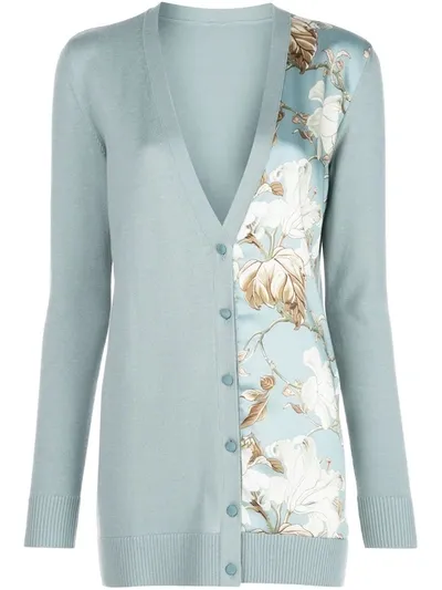 Oscar De La Renta Contrast-panel Floral-print Cardigan In French Blue